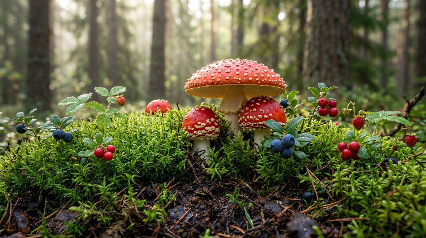 Мухоморы во мху среди брусники и черники