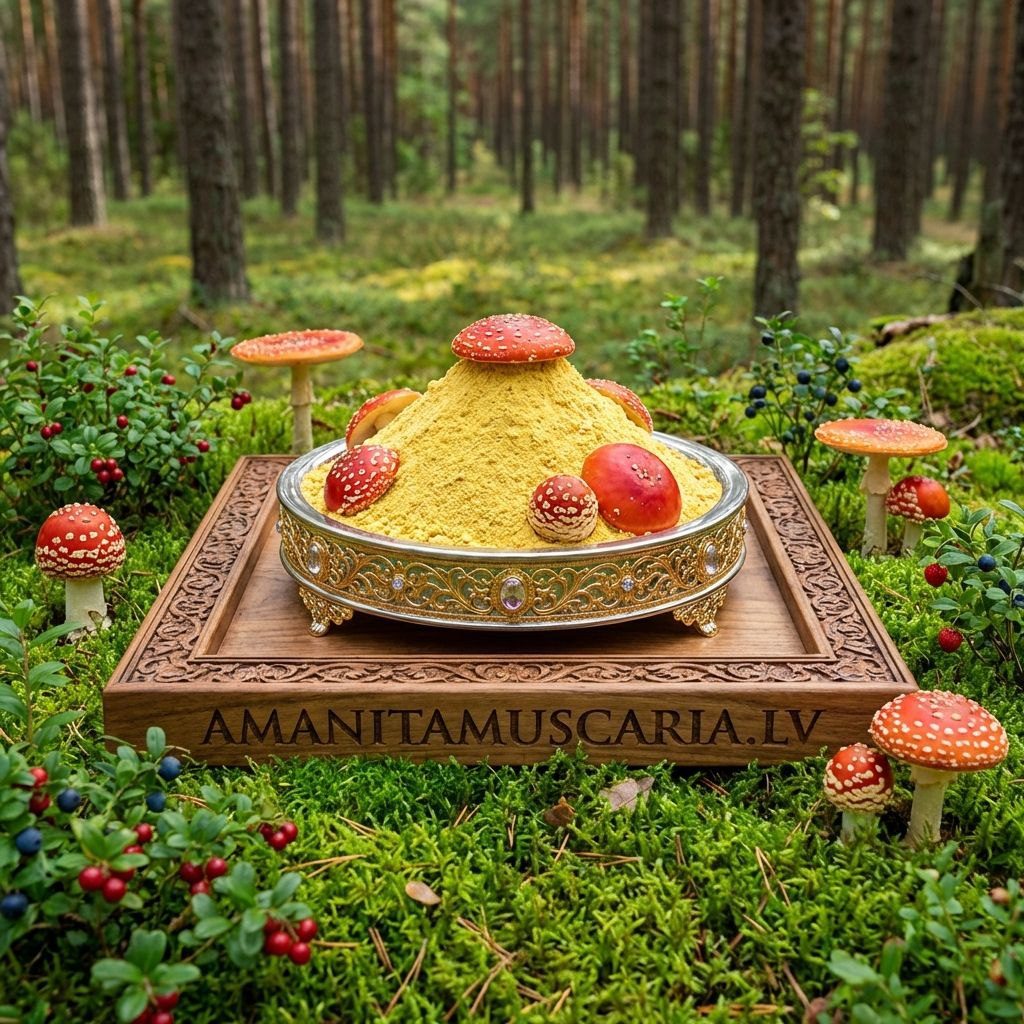 Порошок из мухомора в красивой чаше среди мха